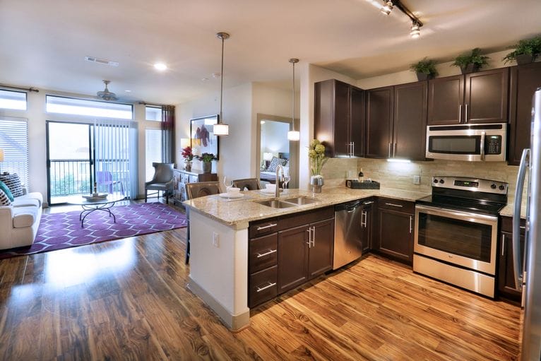 The living space of an Ascent Arboretum apartment.