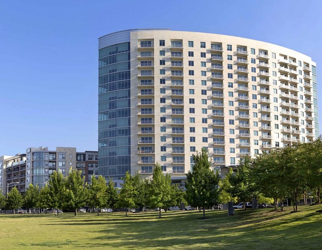 A look at the Gable Park Tower in Austin Texas with its park and river view. 