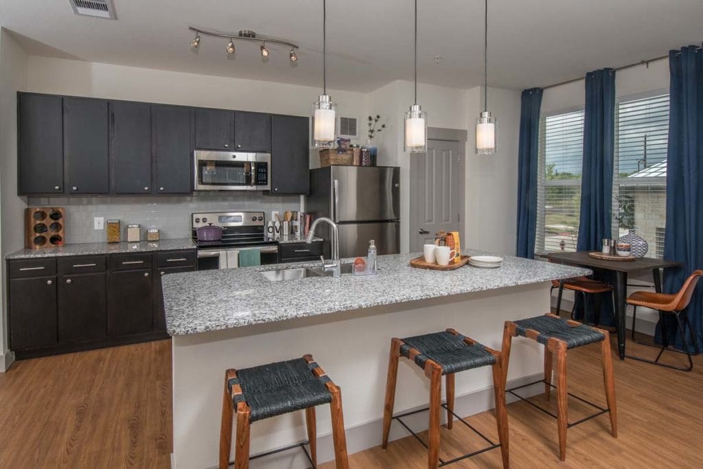 The look at a kitchen in a Ocotillo apartment in Austin Texas.