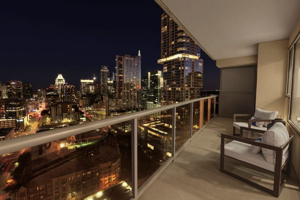 The Monarch by Windsor highrise apartment with its massive balcony offering up a beautiful view of Austin Texas.